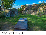 Koporye Fortress. Fragment of a tombstone (2024) Редакционное фото, фотограф Анна Кривицкая / Фотобанк Лори