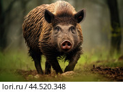 Wild Boar (Sus scrofa) on green grass. Стоковое AI-изображение, AI-художник Veniamin Kraskov / Фотобанк Лори