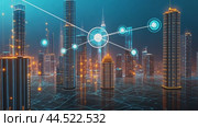 The city of the future with shining digital networks and bright neon lights on skyscrapers. Стоковое AI-видео, аниматор Юрий Поздников / Фотобанк Лори