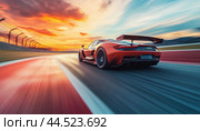 Red supercar driving fast on a racetrack at sunset. Стоковое AI-изображение, AI-художник Юрий Поздников / Фотобанк Лори