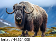 Musk ox on a pasture in the wild. Стоковое AI-изображение, AI-художник Veniamin Kraskov / Фотобанк Лори