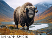 Musk ox on a pasture in the wild. Стоковое AI-изображение, AI-художник Veniamin Kraskov / Фотобанк Лори