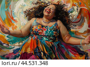 Joyful woman against vibrant abstract background. Стоковое AI-изображение, AI-художник Иван Рябоконь / Фотобанк Лори