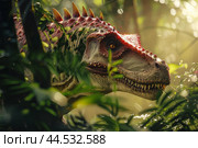 Majestic dinosaur in lush jungle. Стоковое AI-изображение, AI-художник Иван Рябоконь / Фотобанк Лори
