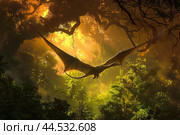 Majestic pterosaur flying through prehistoric jungle. Стоковое AI-изображение, AI-художник Иван Рябоконь / Фотобанк Лори