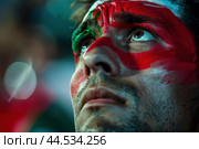 Intense sports fan with painted face. Стоковое AI-изображение, AI-художник Иван Рябоконь / Фотобанк Лори