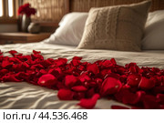 Luxurious Bed covered with rose petals. Generate ai. Стоковое AI-изображение, AI-художник Иван Рябоконь / Фотобанк Лори