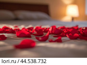 Dreamy Bed covered with rose petals. Generate ai. Стоковое AI-изображение, AI-художник Иван Рябоконь / Фотобанк Лори