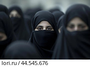 Veiled woman's eyes amongst crowd. Стоковое AI-изображение, AI-художник Иван Рябоконь / Фотобанк Лори