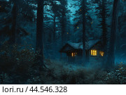 Enchanted forest cabin at night. Стоковое AI-изображение, AI-художник Иван Рябоконь / Фотобанк Лори