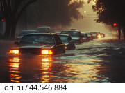 Flooded city street at twilight with stalled cars. Стоковое AI-изображение, AI-художник Иван Рябоконь / Фотобанк Лори