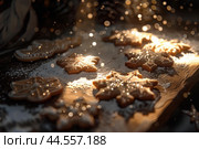 Warm, festive atmosphere as sunlight dusts homemade christmas cookies with sparkling light. Стоковое AI-изображение, AI-художник Иван Рябоконь / Фотобанк Лори