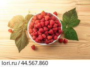 Raspberries on white plate on wooden table with leaves. Organic raspberries grown without use of chemical fertilizers and pesticides. Raspberries on wooden background. top view. Стоковое фото, фотограф Павел Муравьев / Фотобанк Лори
