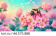 A bee collects nectar from vibrant pink flowers in a colorful garden at sunrise, showcasing the beauty of nature’s pollinators. Стоковое AI-изображение, AI-художник Сергей Толмачёв / Фотобанк Лори