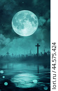 Graveyard cross under full moon with spider web and bokeh effect, background. Стоковое AI-изображение, AI-художник Анастасия Золотницкая / Фотобанк Лори