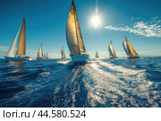 Luxury yachts sailing in a regatta on a clear day, showcasing elegance and competition. Стоковое AI-изображение, AI-художник Veniamin Kraskov / Фотобанк Лори