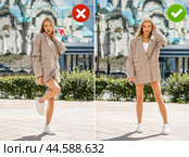 Collage two photos. Common mistakes in female posing and how to avoid them. Стоковое фото, фотограф Андрей Аркуша / Фотобанк Лори