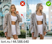 Collage two photos. Common mistakes in female posing and how to avoid them. Стоковое фото, фотограф Андрей Аркуша / Фотобанк Лори