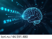 Artificial intelligence is presented as an abstract illustration of a model on a blue background symbolizing future technologies and transmitting data in the form of bytes and files. Стоковое AI-изображение, AI-художник Сергей Краснощеков / Фотобанк Лори