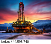 Oil and gas drilling platform against sunset. Стоковое AI-изображение, AI-художник Сергей Елизарьев / Фотобанк Лори
