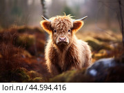 Calf of Highland Cattle in the wild. Стоковое AI-изображение, AI-художник Veniamin Kraskov / Фотобанк Лори