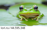 A frog sitting on top of a leaf with big eyes, AI. Стоковое AI-изображение, AI-художник Сергей Старуш / Фотобанк Лори