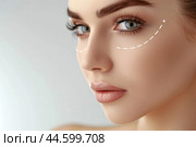 Detailed closeup of a youthful woman's face showing flawless skin and subtle beauty enhancements. Стоковое AI-изображение, AI-художник Иван Рябоконь / Фотобанк Лори