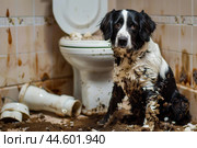 Mischievous dog after bathroom disaster. Стоковое AI-изображение, AI-художник Иван Рябоконь / Фотобанк Лори