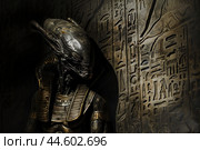Ancient predator, scifi warrior in egyptian hieroglyphs background. Стоковое AI-изображение, AI-художник Иван Рябоконь / Фотобанк Лори