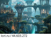 Futuristic cityscape merged with a lush forest, depicting a utopian, ecofriendly civilization. Стоковое AI-изображение, AI-художник Иван Рябоконь / Фотобанк Лори