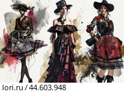 Trio of high fashion models in avantgarde outfits. Стоковое AI-изображение, AI-художник Иван Рябоконь / Фотобанк Лори