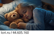 A young child peacefully sleeping in bed with a teddy bear during a cozy nighttime moment at home. Стоковое AI-изображение, AI-художник Сергей Толмачёв / Фотобанк Лори