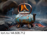 Rustic teapot on open fire. Стоковое AI-изображение, AI-художник Иван Рябоконь / Фотобанк Лори