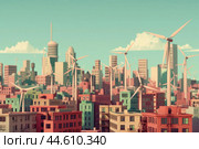 Sustainable cityscape with wind turbines. Стоковое AI-изображение, AI-художник Иван Рябоконь / Фотобанк Лори