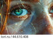 Closeup of a blue eye with water droplets. Стоковое AI-изображение, AI-художник Иван Рябоконь / Фотобанк Лори