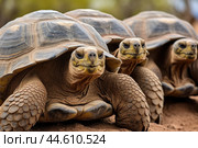 Group of Galapagos Giant Tortoises close up. Стоковое AI-изображение, AI-художник Veniamin Kraskov / Фотобанк Лори