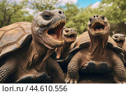 Group of Galapagos Giant Tortoises close up. Стоковое AI-изображение, AI-художник Veniamin Kraskov / Фотобанк Лори