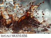 Highspeed capture of a rich chocolate splash, with droplets midair for a luxurious feel. Стоковое AI-изображение, AI-художник Иван Рябоконь / Фотобанк Лори