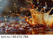 Highspeed capture of coffee splashing dynamically against a blurred background. Стоковое AI-изображение, AI-художник Иван Рябоконь / Фотобанк Лори