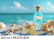 Tropical message in a bottle on sunny beach. Стоковое AI-изображение, AI-художник Иван Рябоконь / Фотобанк Лори