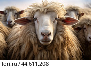 Group of long-haired sheeps close up. Стоковое AI-изображение, AI-художник Veniamin Kraskov / Фотобанк Лори