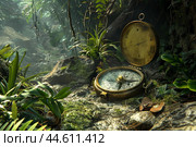 Antique compass in mystic forest. Стоковое AI-изображение, AI-художник Иван Рябоконь / Фотобанк Лори