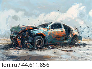 Wrecked car artistic concept on highway. Стоковое AI-изображение, AI-художник Иван Рябоконь / Фотобанк Лори