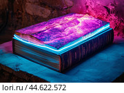 Mystical ancient book under neon lights. Стоковое AI-изображение, AI-художник Иван Рябоконь / Фотобанк Лори