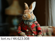 Whimsical rabbit doll in stylish attire. Стоковое AI-изображение, AI-художник Иван Рябоконь / Фотобанк Лори