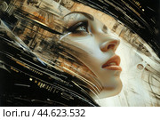 Abstract art of a female android with digital elements in a modern, scifi aesthetic. Стоковое AI-изображение, AI-художник Иван Рябоконь / Фотобанк Лори