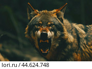 Intimidating wolf baring teeth in dark ambiance. Стоковое AI-изображение, AI-художник Иван Рябоконь / Фотобанк Лори