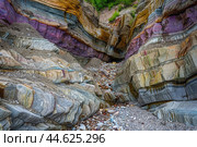 Colorful striated rock formations in canyon. Стоковое AI-изображение, AI-художник Иван Рябоконь / Фотобанк Лори