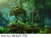 Eco justice concept with tree and scales. Стоковое AI-изображение, AI-художник Иван Рябоконь / Фотобанк Лори