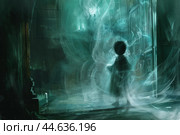 Mysterious childlike apparition in haunted room. Стоковое AI-изображение, AI-художник Иван Рябоконь / Фотобанк Лори